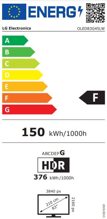 Energibeskrivning för LG OLED83G45LW evo AI G4 4K med väggfäste