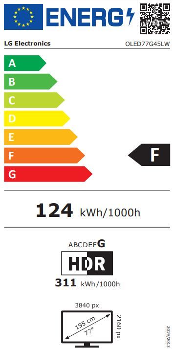 Energibeskrivning för LG OLED77G45LW evo AI G4 4K med väggfäste