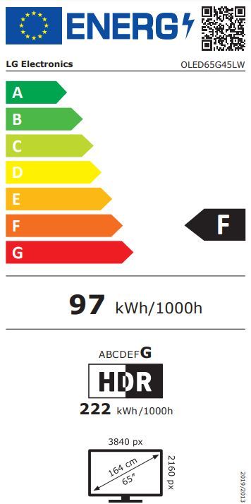 Energibeskrivning för LG OLED65G45LW evo AI G4 4K med väggfäste