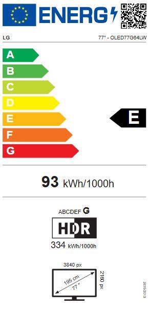 Energibeskrivning för LG OLED77G64LW evo AI G6 med väggfäste